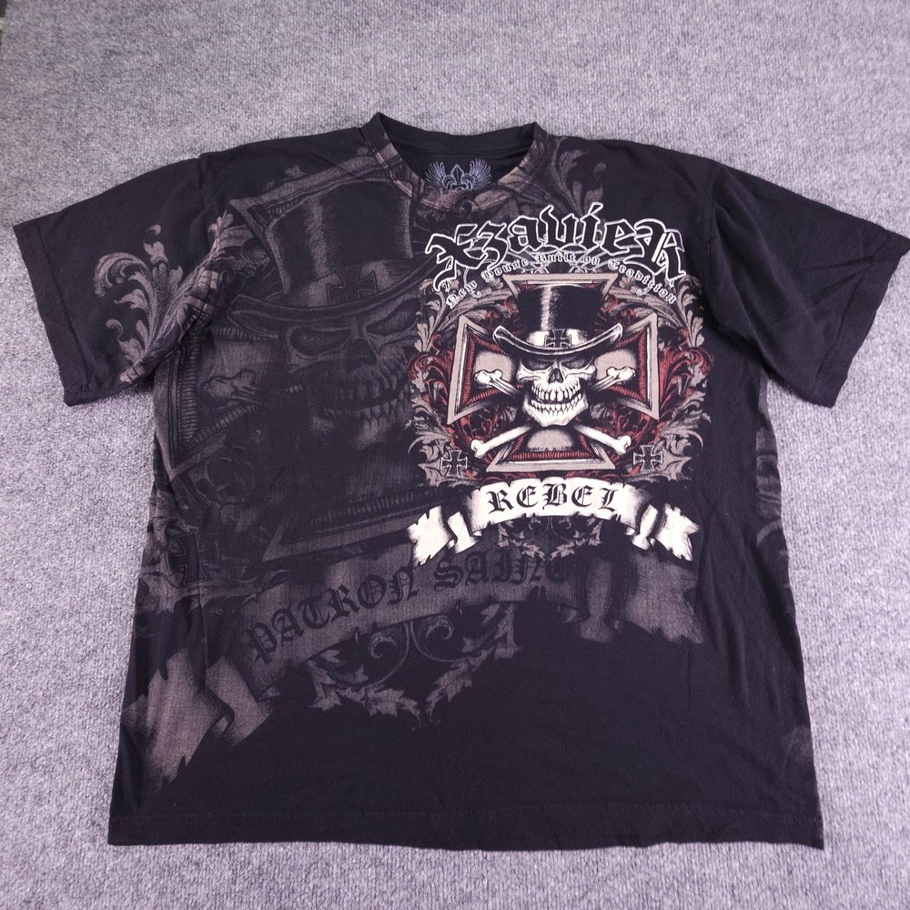 Xzavier‎ Rebel Shirt Mens XL Black Skull Crossbones Graphic Front Back Made USA